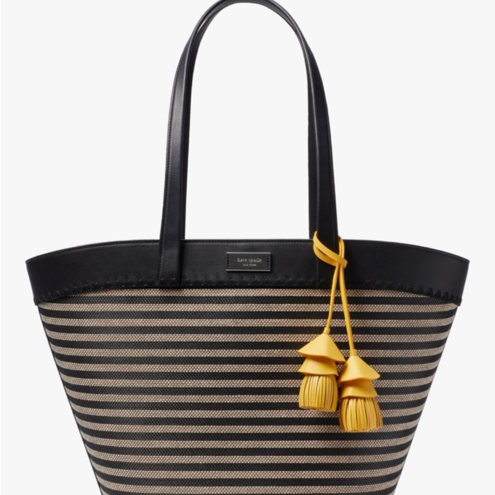 Rare Discontinued Kate Spade The Pier Striped Medium Tote NWT Black Beige Purse! - Picture 2 of 16
